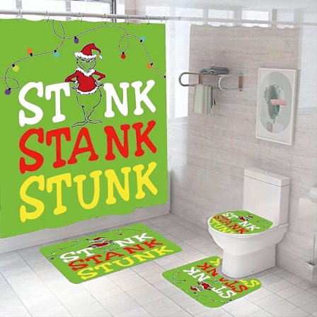 Set med 4 stulna jul 72 x 72 tum Grinch2 duschdraperi set med halkfri matta, toalettlock a