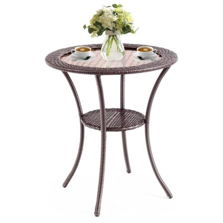 COSTWAY Havebord i PE-rattan, Tempereret Glas, Rammem i Rustbeskyttende Jern, Opbevaringsplads til, Balkony, Terrasse