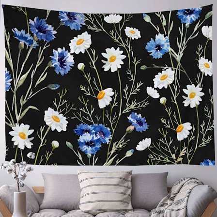 Trippy svart blommig gobeläng, Boho Hippie Psychedelic Daisy Flower Tapestry väggbonad