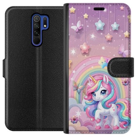Yhteensopiva Lompakkokotelo Xiaomi Redmi 9 Maaginen yksisarvinen, jolla on sateenkaarimane, tähtiä ja perhosia vasten pastellinväristä taivasta, j
