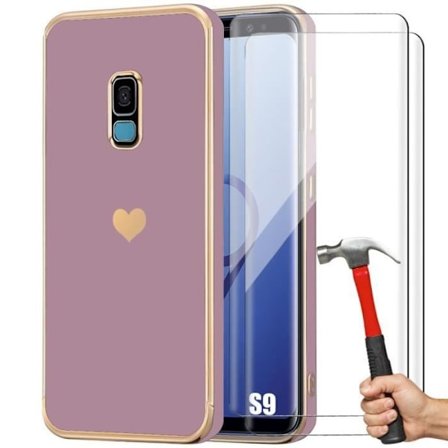 Coque - BOOLING - til Samsung Galaxy S9 - Stødabsorberende i TPU-silikone - Hjerte-mønster - Lilla med hærdet glas