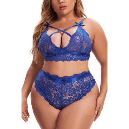 nmei Plus Size Lingeri Sæt til Kvinder Højtaljet BH og Trussesæt Sexy Kryds-kryds Blonder Bralette Sæt 2 Dele Undertøj Royal Blå XX-Large