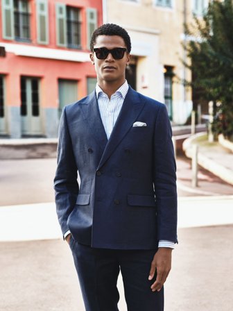 John Henric Men's Navy Blue Double Breasted Linen Suit Size