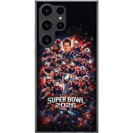 Yhteensopiva Puhelinkuori Samsung Galaxy S24 Ultra Super Bowl 2026 juliste, jossa New England Patriots ja NFL-mestaruuspalkinto räjähtävän urheilullis