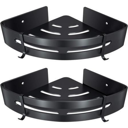Hjørnedusjhylle, bad uten boring Dusjoppbevaringskurv, veggmontert arrangør i aluminium (svart, dobbeltlag)