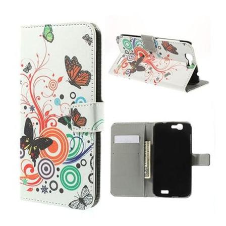 Moberg Huawei Ascend G7 Læder Flip Etui - Sommerfugl og Cirkler Multicolor