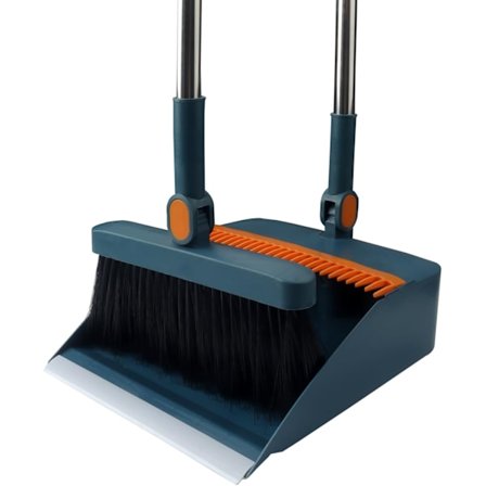 Kost og fejebakke sæt med kamtænder, vindtæt, lodret kostesæt med langt skaft til rengøring og fejning i hjemmet