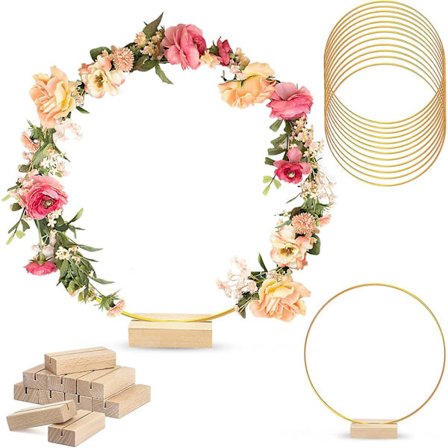 12-pack 12-tums stora metallblomsterbågar, metallblomsterbåge mittpunkt med träkort hållare, guldkrans makramé bågar ringar för hantverk bröllop