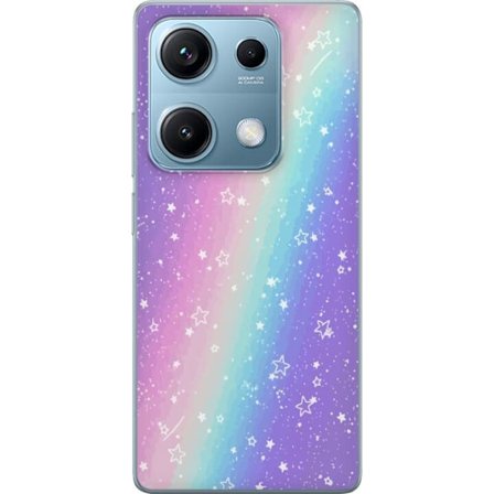 Kompatibel Mobilcover til Xiaomi Redmi Note 14S Rainbow-farvet pastelbaggrund med hvide stjerner og glitrende prikker i blød overgang