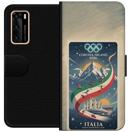 Yhteensopiva Lompakkokotelo Huawei P40 Mäkihyppykuvitus, jossa hiihtäjä tähtää kiväärillä lumisella radalla, teksti Milano Cortina 2026 ja olympialais