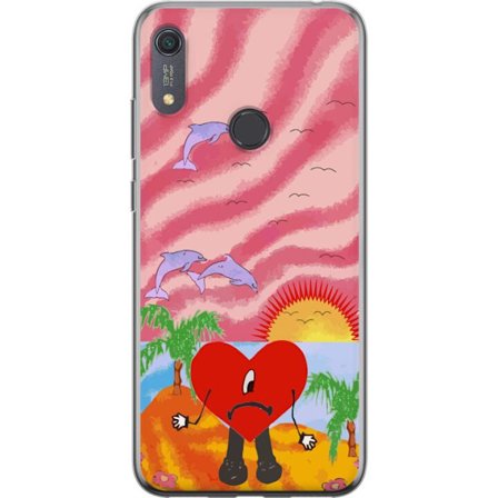 Kompatibelt Mobildeksel til Huawei Y6s (2019) Bad Bunny i en fargerik quiltet jakke med hjertemønster og solbriller i moderne gatestil