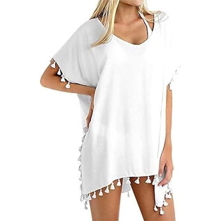 Flerbruks strandponcho for kvinner, sommerbikini-cover-up, strandkjole med dusker