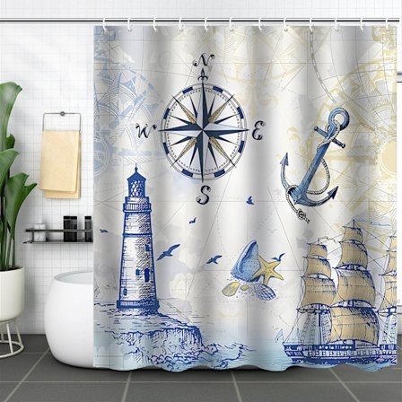 Nautiskt duschdraperi med fyr, segelbåt, kompass och ankare 180 x 20