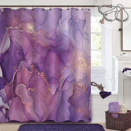 IC Duschforhæng i lilla marmor, abstrakt lavendelguld stof duschforhæng til badeværelse, Moderne Elegant Ombre, 72 x 72