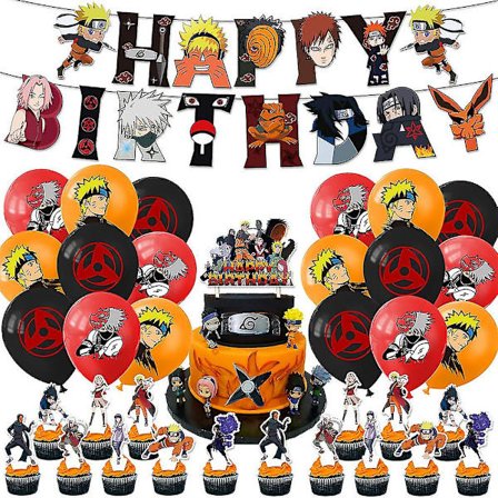 Naruto Cartoon Tema Bursdagsfest Dekorasjon Tilbehør Banner Ballonger Cupcake Toppers Sett Gaver