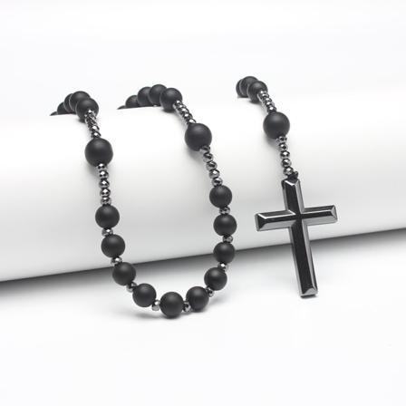 Naturlig rund pärla lang kedja sort gallsten kors radband Bright black agate