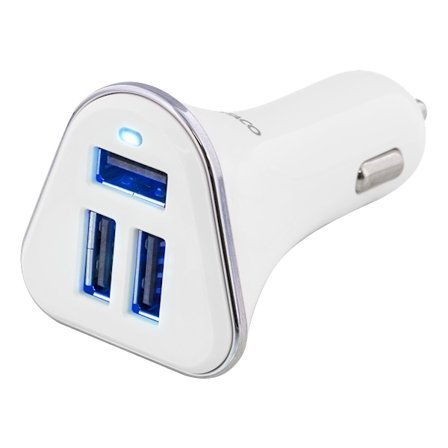 USB car charger, 3x USB-A, 12-24 V DC input, white/silver