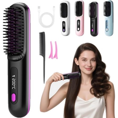 Opvarmet børste, 2025 Mini varmebørste til kort hår, trådløs glattebørste med 3 varmeindstillinger, LED-display, USB-opladning til hårstyling