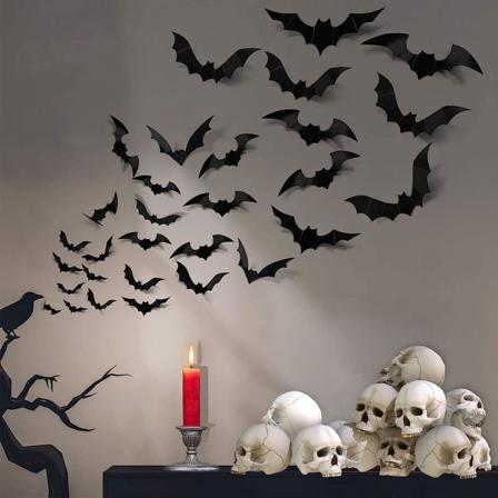 88 st 4 storlekar Halloween dekorationer PVC 3D fladdermöss väggdekor för Halloween festtillbehör läskiga fladdermöss väggdekaler (svart)
