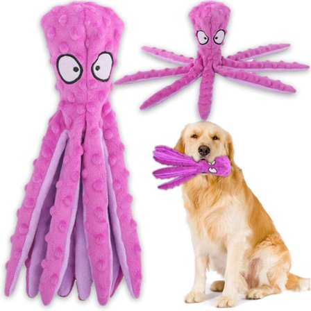 Pibende hunde interaktivt legetøj, ingen fyld blæksprutte hund tyggelegetøj med krøllepapir til mellemstore og store hunde, der leger lilla