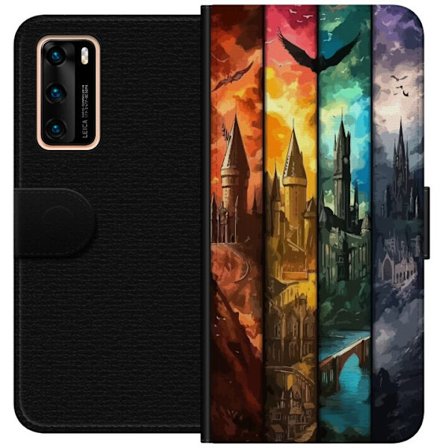 Kompatibel Tegnebogsetui til Huawei Huawei P40 Fire magiske slotte i forskellige elementfarver, episk fantasykunst med ild vand luft og mørke i detal