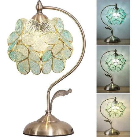 Bordlampe i Tiffany-stil med glassblomster og messingfot – Elegant skrivebordslampe