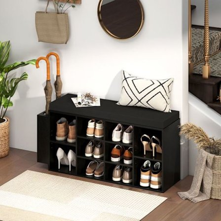 COSTWAY Kenkähylly, jossa on sateenvarjoteline, 10 lokeroa pehmustetulla istuimella, säädettävät ja irrotettavat hyllyt, musta