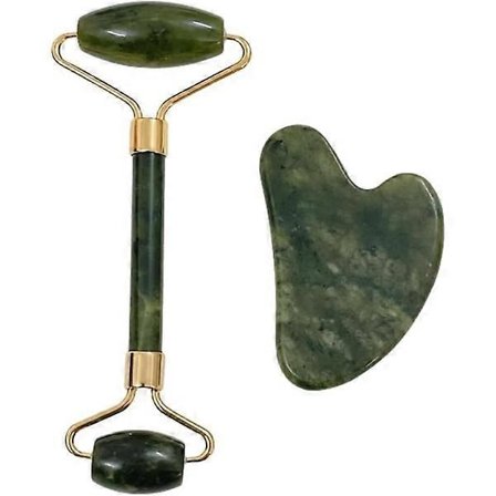 2-delt ansiktsmassasjesett, naturlig Jade Gua Sha, ansikts-Gua Sha, ansikts-Gua Sha, Gua Sha og Jade Roller, ansiktsrulle, verktøy for øyne, ansikt og