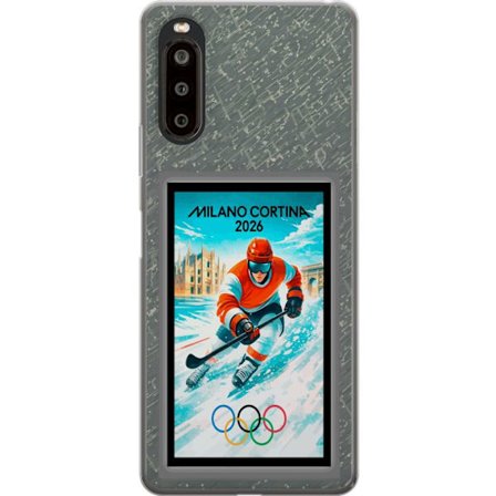 Yhteensopiva Puhelinkuori Sony Xperia 10 II Curlingkuvitus pelaajilla ja kivillä jäällä, Milano Cortina 2026, lumisia roiskeita ja olympiasormukset
