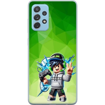 Kompatibelt Mobildeksel til Samsung Galaxy A52 5G Roblox-inspirert gamerfigur med headset, håndkontroll og energiske effekter mot grønn bakgrunn