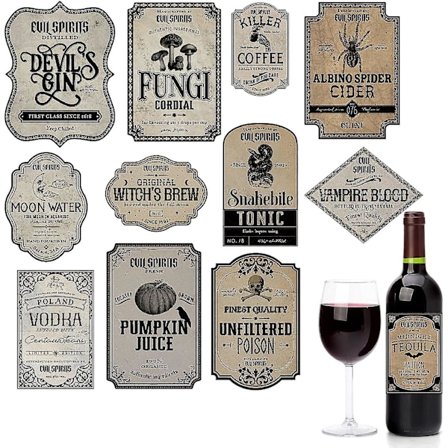 12 stk Halloween Vin Flaske Etiketter, Vin Etiketter Potion Flaske Etiketter Klistermærker Dekorationer, Vinyl Vandfast Apotek Klistermærke