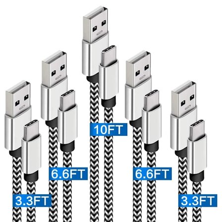 USB C-kabel snabbladdning 3A 5-pack (3,3/6,6/10FT) nylonflätad USB typ C-kabel snabbladdningssladd.