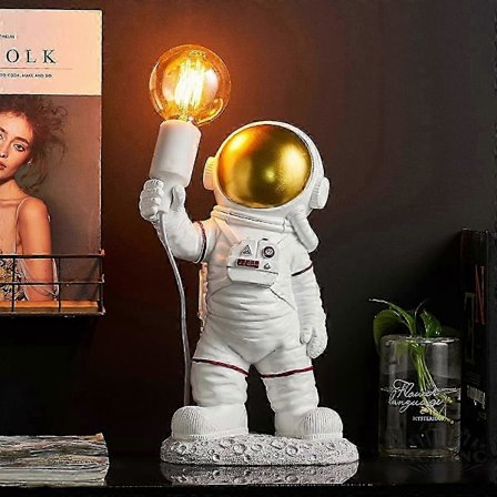 Astronaut Børnebordslampe, Rummand Natlampe Moderne LED Børneværelse Skrivebordslampe Med Stik, Til Drenge Piger, E27 Sengelampe Hvid Og Guld, H 39Cm