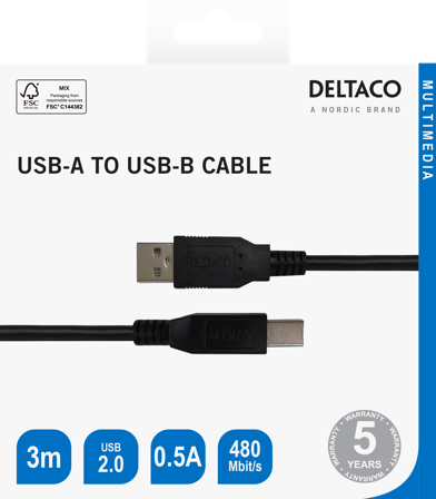 Deltaco USB-B 2.0 cable, suitable for printers, 3m black