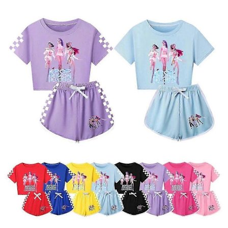 Barn Flickor KPop Demon Hunters Träningsdräkt Crop Top T-shirt+Shorts Set