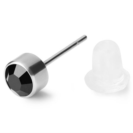 Pendiente redondo y plateado con circonita cúbica negra de 4 mm para hombres - Pendientes con cierre a presión