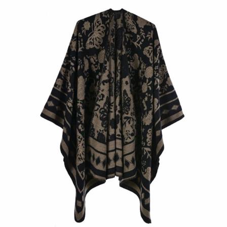 Jacquard Pashmina Sjal Wrap Tjocka Varm Poncho Öppen Front Cape for Lady