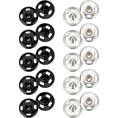 100 sett sy-på trykknapper - Metall trykknapp knapper for å sy klær, svart og sølvfarget, 10 mm