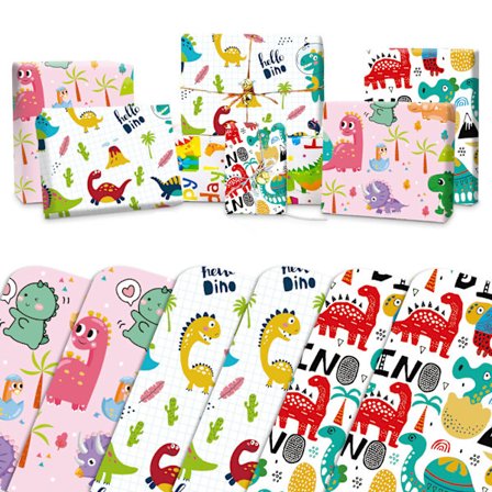 6 stykker dinosaur gavepapir - Stor Dinosaur * 2 + Tjekket Dinosaur * 2 + Pink Dinosaur * 2