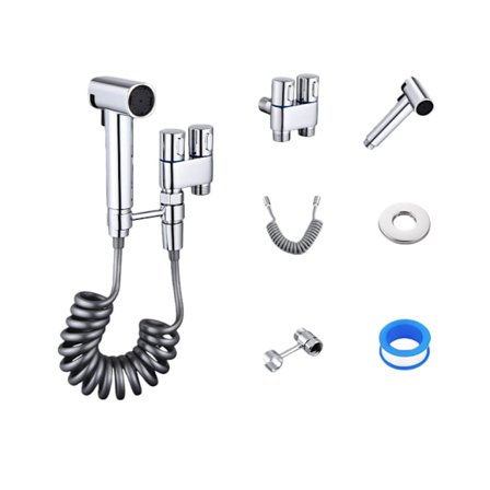 Monitoiminen käsisuihku-wc-suihkusetti, kaksitilainen suutin, 2m joustava letku, kaksoisventtiili ja seinäteline Silver