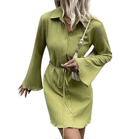 Långärmad klänning med volang, enkelknäppt, snörning, kavajslag, damklänning för hemmet, semester, klubb, dejt, semester, bröllop, grön L