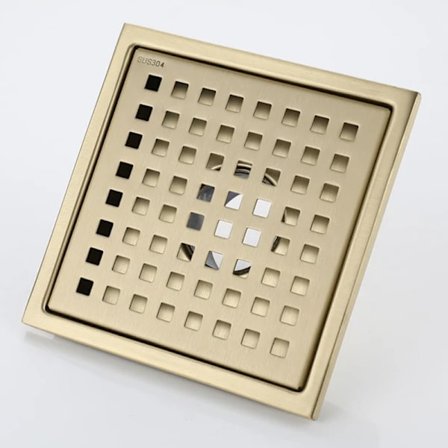Shower Drain Gold Stainless Steel Square 15x15cm Shower Drain Floor Drain Floor Drain with Floor Drain Cover, Brass Deodorizing Core,Brushed Gold [Ene