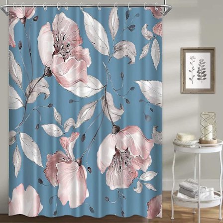 Pink Grå Rose Blomster Bruseforhæng Sæt - Blomsterdesign, Blå Baggrund, Stof Vandtæt Og Vaskbar