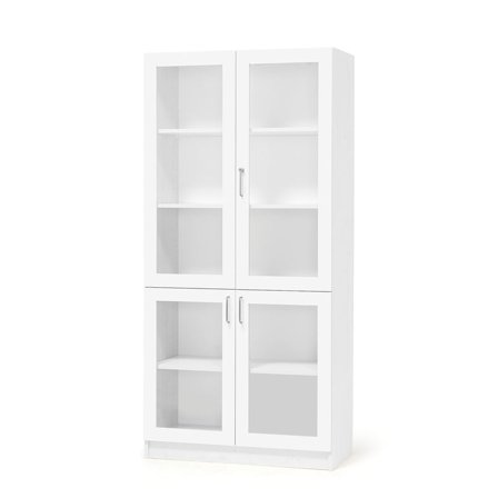 Wooden storage cabinet THEO with 4 glass doors, 1000x320x2100 mm, white