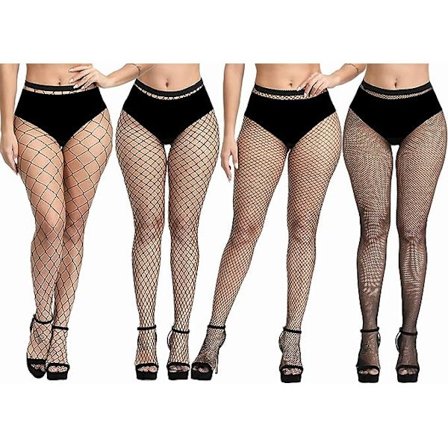 4-pack Plus Size Fiskgarnstrumpor, Svarta Fiskgarnstrumpbyxor Lårhöga Strumpbyxor