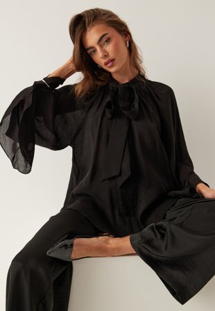 Bubbleroom - Wide Sleeve Bow Blouse - Black - Kläder