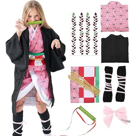 Demon Slayer Tanjiro Kamado Cosplay Kostyme Kimono Sett - 8 Deler Anime Uniform for Voksne & Barn 8-delt sett