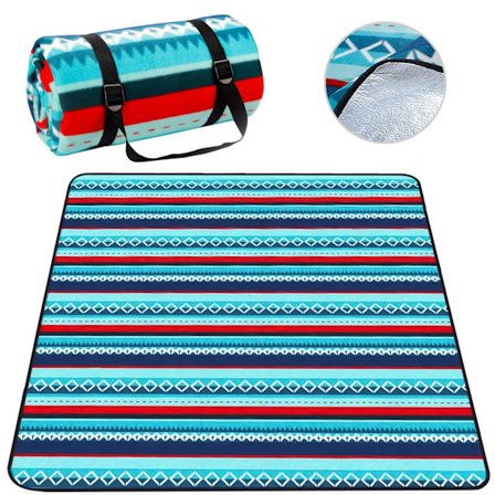 Picnic Tæppe med Vandtæt Bagside 200 x 200 cm, Foldbart Tre-Lags Stort Strandtæppe til Camping, Rejser, Strand, Have Duge, Blå