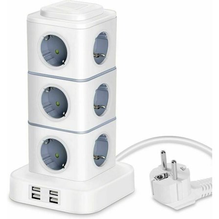 Strømskinne-tårn, 12 elektriske strømskinne-stikkontakter (2500W / 10A) med 4 USB-porter, multi elektriske stikkontakter, vertikal strømskinne 