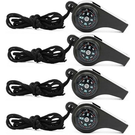 Neliosainen hätäpillisarja kaulanauhalla - 3-in-1 hätäpilli kompassilla ja lämpömittarilla - selviytymispillisetti - musta.